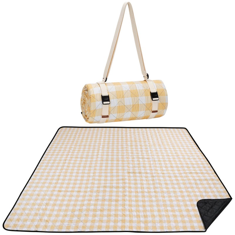 WILLOW WEAVE الصفصاف نسج بطانية نزهة 80''x80'' بطانيات خارجية مقاومة للماء نزهة حصيرة قابلة للغسل لبطانيات نزهة الشاطئ للتخييم على العشب مع حزام الكتف - أصفر وأبيض - Image 1